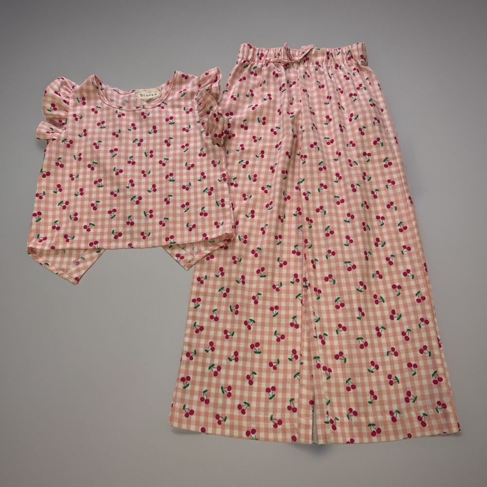 Btween Girls Size 7 2 Piece Cherry Gingham Crop Top Wide Leg Pants Set Outfit